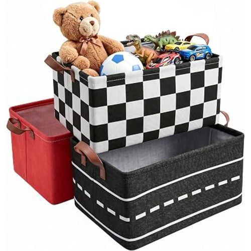 3-Pack Racing Car Fabric Storage Bins, Storage Basket with Leather