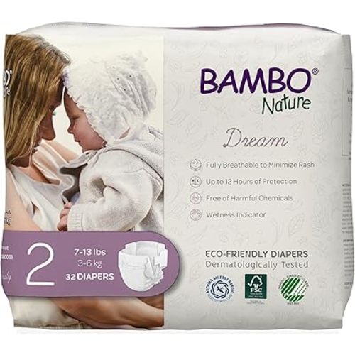 Bambo Nature Hypoallergenic Dream Baby Diapers, Premium Eco-Labeled Sustainable Diapers, Enhanced Leakage Protection, Totally Chlorine-free, Skin Friendly, and Super Absorbent - Size 2 (96 Count)