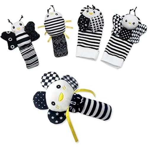 BABY K Rattle Socks & Wrist Rattles and Hand Rattle (Set E+ Flower) - Newborn Toys for Baby Boy or Girl - Brain Development Infant Toys - Hand and Foot Rattles Suitable for 0-3, 3-6, 6-12 Month Babies
