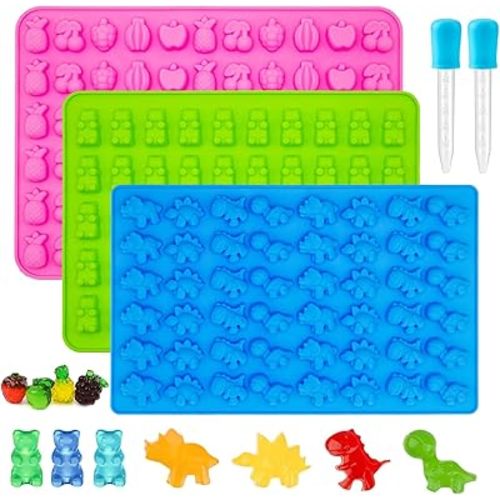 Gummy Candy Molds - Silicone Gummy Bear/Dinosaur/Fruit Snack Molds for Kids With 2pcs Dropper,Non-stick and Bpa Free for Mini Candy Chocolate Gummies Baking