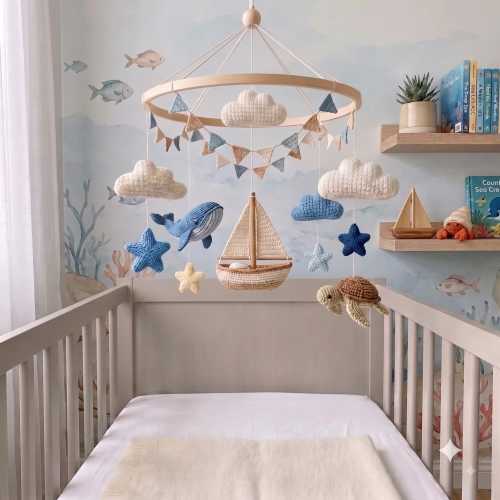 Ocean Baby Mobile, Crochet Sailboat Baby Crib Mobile, Whale & Turtle Nursery Decor, Nautical Baby Mobile, Baby Shower Gift, Newborn Gift