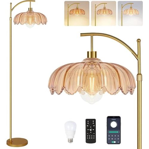 ILLMTW Gold Floor Lamp for Living Room,Bedroom,Mid Century Modern Standing Lamp with Remote,Dimmable Brass Tall Lamp Amber Glass Vintage Retro Arc Floor Lamps Flower Floor Light Boho Bohemian