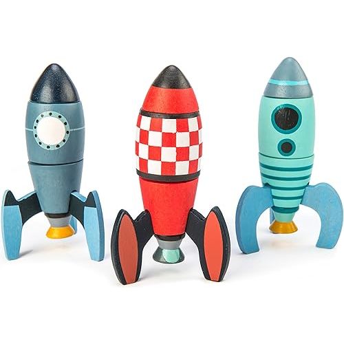 Tender Leaf Toys - Rocket Construction - 18 Pc Wooden Construction Toy Playset Builds 3 Space Ships - Develops Dexterity, Problem Solving and Imaginative Play - Ages 3+