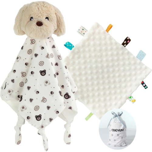 CREVENT Cozy Plush Baby Security Blanket, Loveys for Baby Girls and Boys,Birthday Gift,White Dog&Tag