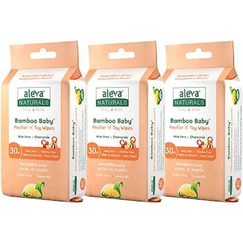 Aleva Naturals Bamboo Baby Pacifier and Toy Wipes - Natural and Organic Ingredients with Lemon Oil, Safely Cleans Bottles, Nipples, Cups, Extra Strong and Ultra Soft - Value Pack- 30ct x 3 (90 Wipes Total)