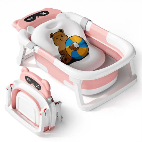 Halicool Collapsible Baby Bathtub with Cushion, Portable Infant to Toddler Bath Tub, PP Safe Material, No-Slip Design, Thermostatic Drain, Pink
