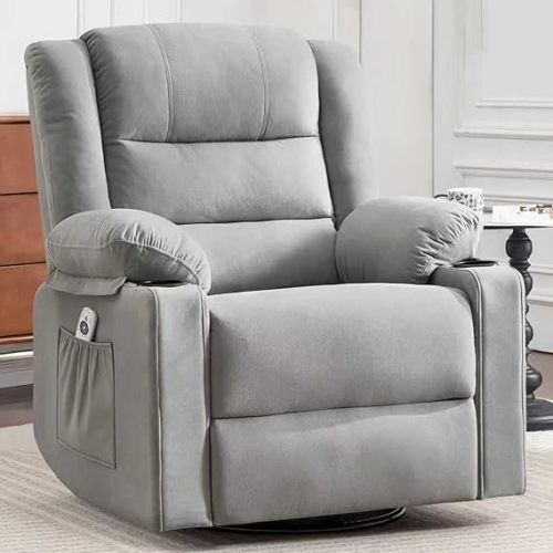 Swivel Rocking Recliner Chair with Massage and Heat,Oversized Glider Rocker Recliner for Adults, Upholstered Fabric Reclining Single Sofa Chair for Living Room,Nursery (Light Grey)