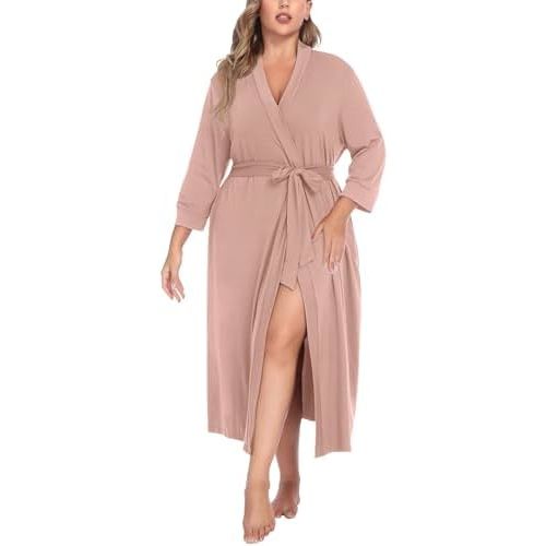 IN'VOLAND Womens Plus Size Kimono Robes Long Knit Bathrobe V Neck Ladies Loungewear Lightweight Soft Sleepwear 1X-5X