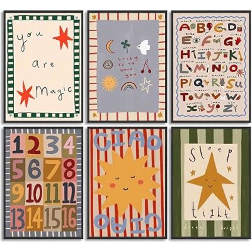 Pyvrah 6Pcs Colorful Kids Room Wall Art Digital Letter Educational Wall Decor Prints Boho Colorful Stripes Paintings Artwork Star Sun Pictures for Nursery School Home Decoration 8x10in No frame