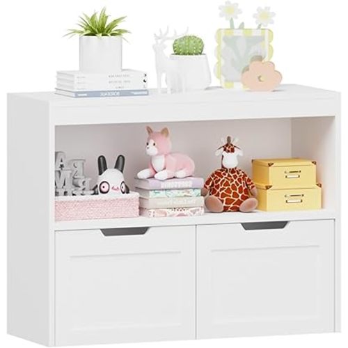 Ikebana Toy Storage Organizer and Kids Book Shelf with 2 Movable Drawers for Playroom, Classroom, Nursery, School, Kindergarten