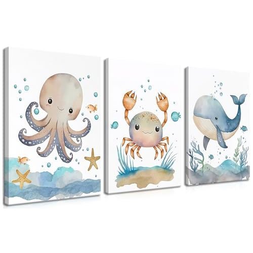Ocean Nursery Wall Art Set of 3, Sea Animal Baby Boys Room Canvas Wall Decor Paintings, Watercolor Ocean Kids Nursery Posters Prints Pictures for Boys and Girls Room, Bedroom 12x16 Inch Framed