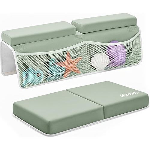 UBRAVOO Baby Bath Kneeler with Elbow Rest Pad, Non-Slip Foam Mat, Quick-Drying Cushion, Foldable Bathtub Support with Toy Storage Pockets for Parents (Green)