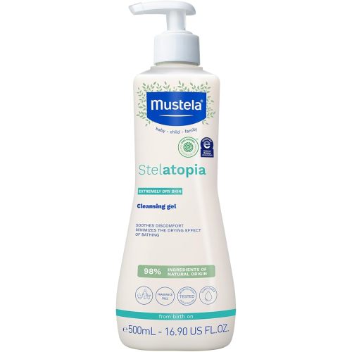 Mustela Stelatopia Eczema-Prone Skin Cleansing Gel - Baby Face & Body Wash with Natural Avocado & Sunflower Oil - Fragrance-Free & Tear Free - 16.9 fl. oz.