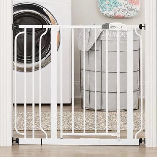 Regalo Safety 29-38.5" Baby Gate for Doorways & Bottom of Stairs, Pressure Mounted Baby Gate with Door for Babies, Toddlers & Pets, Tested & Safe for 30 Years, American Designed, American Owned, White