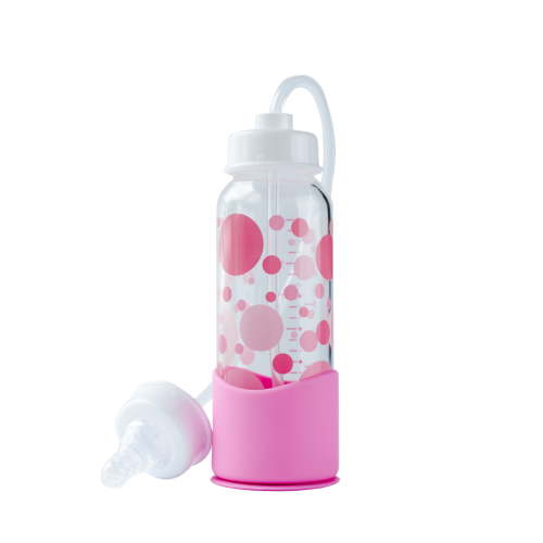 Hands-Free Baby Bottle - Anti-Colic Nursing System 7 oz Glass Baby Bottle with Fast Flow Nipple/Teat 3m+ Infant with Tube Straw Feeding System for Toddler (1 Bottle - Pink)