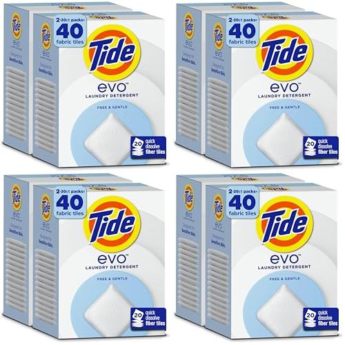 Tide evo Free & Gentle Tiles Fragrance Free Hypoallergenic Laundry Detergent Fiber Tiles for Sensitive Skin Works on 100% of Common Stains Safe for All Machines & Water Conditions,40 Count (Pack of 4)