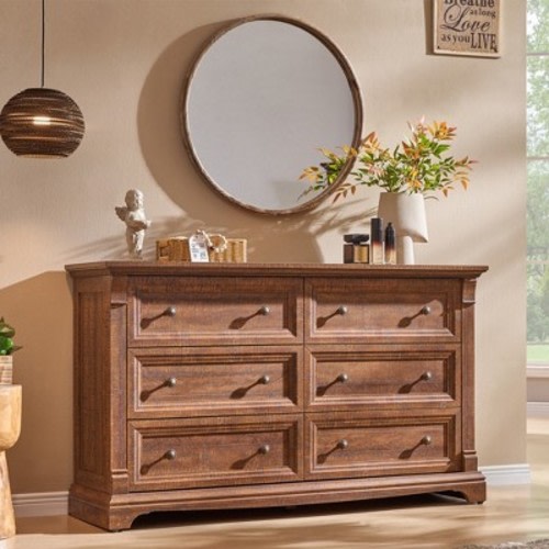 6 Drawer Dresser, 54" W Farmhouse Wooden Dresser with Roman Column for Bedroom Living Room Hallway, Brown