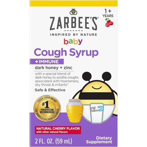 Zarbee's Baby Cough Syrup + Immune, Drug & Alcohol-Free Toddler Cough Relief with Dark Honey & Zinc, Natural Cherry Flavor, 2Fl Oz