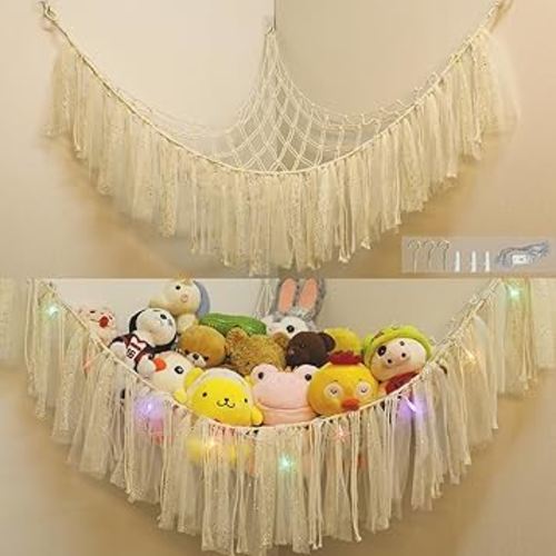 Stuffed Animals Net or Hammock with LED Light, 59 inch Toy Hammock Net for Stuffed Animals Corner Hanging Stuffed Animal Storage Stuffed Animal Holder for Nursery Kids Bedroom… (White)