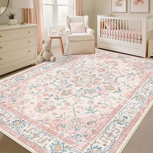 Machine Washable Rugs Nursery Rug 5x7 Cute Girl Non Slip Low Pile Water Repellent Soft Print Pattern for Bedroom Indoor Decor Kids Playroom Pinkteal
