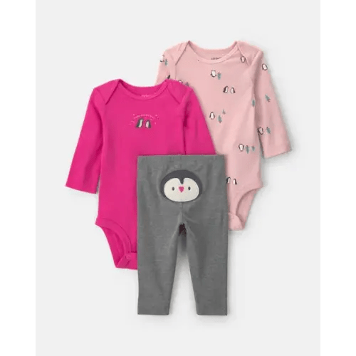 Baby Girl 3-Piece Penguin Long-Sleeve Bodysuit & Pant Set - Pink | Carter's