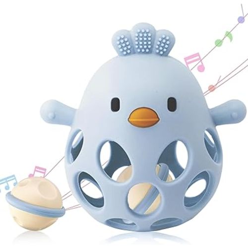 2-in-1 Baby Teething Rattle Toy, Sensory Grasping Teether for Infants 3-12 Months, 100% Food-Grade Silicone, Easy to Hold, Soothing & Developmental, BPA Free