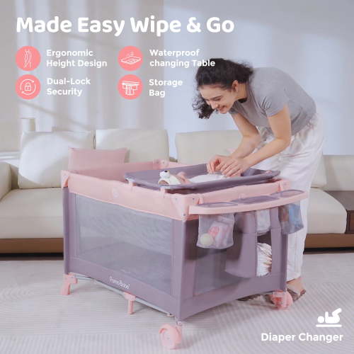 Pamo Babe 4-in-1 Baby Playard with Bassinet & Changing Table for Newborn,4-Panels Playpen
