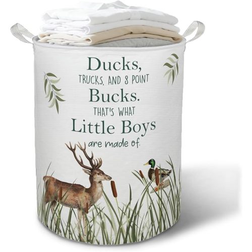 Mallard Duck Deer Boy Laundry Basket Hamper, Ducks Trucks and 8 Point Bucks Animal Foldable Clothes Toys Books Storage Box Bins Baskets Organizer for Boys Nursery Kids Room Bathroom