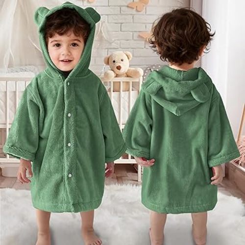 VOOVA & MOVAS Baby Hooded Towel with Bear Ear, 0-3Years | 100% Cotton, Ultra-Soft & Absorbent | Gentle for Sensitive Skin, Bath, Pool & Beach Poncho Towel | Newborn (Green)