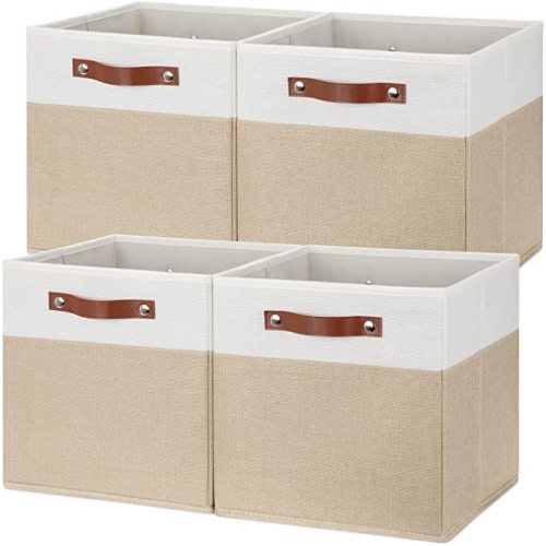 Fabric Storage Cubes - 12 Inch Collapsible Bins (4Pack) - Empty Gift Baskets for Organizing Shelves, Closets, Nursery (White & Khaki)