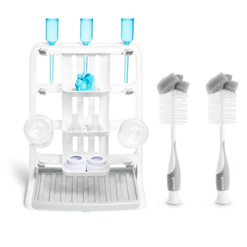 Munchkin Tidy Dry Baby Bottle Drying Rack and 2pk Sponge Bottle Brush, Grey