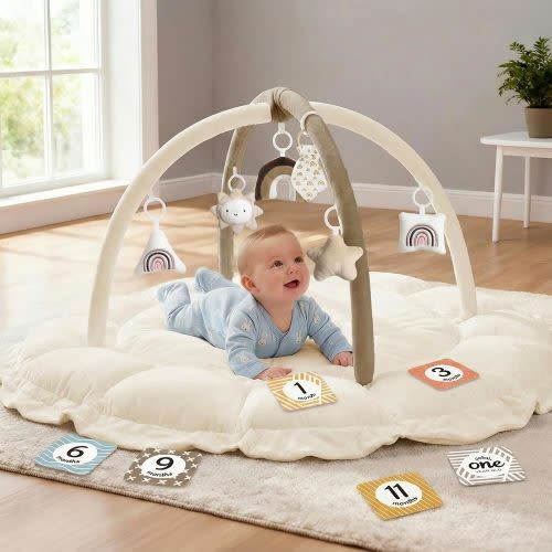 Mallify 5-in-1 Thick & Plush Baby Play Gym, Baby Play Mats for Floor, Tummy Time Mat with 6 Toys, Convertible Stage-Based Developmental from Babies to Toddlers, Ball Pit, Brown