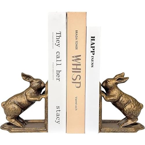 Decorative Bookends Antique Gold Bunny Book Ends, Heavy Duty Cast Iron Book Ends for Shelves,Unique bookends for Heavy Books, Vintage Decor 5.3 lbs