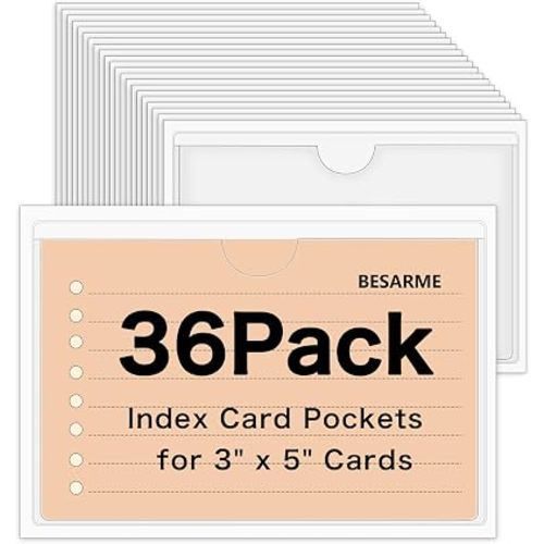 36 Pack 3" x 5" Index Card Holder Adhesive Plastic Label Holders Clear Tote Bag Labels Stickers for Organizing Storage Bins Library Card Shelves