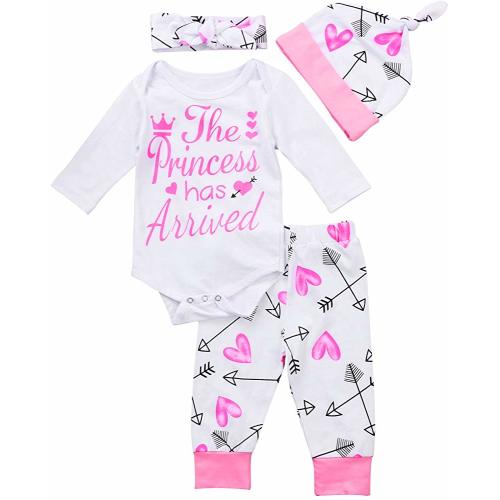 4 pcs Baby Girls Pants Set Newborn Infant Toddler Letter Romper Arrow Heart Pants Hats Headband Clothes