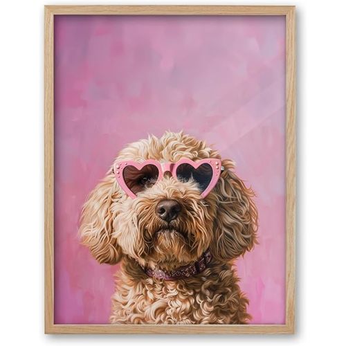 iHery Natural OAK Wood Pink Goldendoodle Dog Framed Wall Art, 12x16 in Funky Preppy Heart-Shaped Glasses Canvas Wall Art Decor For Bedroom, Cute Dog Prints Apartment Bathroom Living Room Set of 1