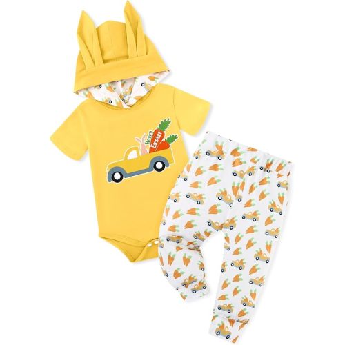 Newborn Boy Summer Outfits Animal Print Short Sleeve Romper with Hoodie & Pants Infant Clothing Set