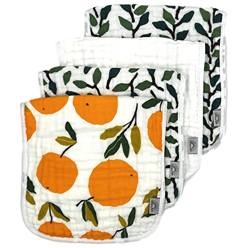 Sunshine & Poppy Muslin Burp Cloths for Baby Boys and Girls - Gender Neutral Spit Up Rags or Washcloths for Babies - 4-Pack Large Absorbent Burping Towels - Baby Shower or Registry Gift Set (Oranges)