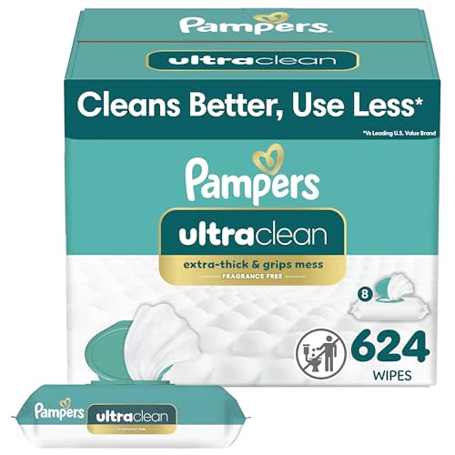 Pampers Ultra Clean Baby Wipes (Previously 'Free & Gentle'), 99% Water, Hypoallergenic, Unscented, 100% Plant Based, Plastic-Free, 624 Baby Wipes Total (8X Flip-Top Packs) [Packaging May Vary]