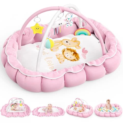 OCATO Baby Play Mat Gym: Baby Girl Gifts Tummy Time Mat Baby Play Gym Thick Large Baby Activity Center from Newborn to Toddler Skills Development Baby Essentials Baby Shower Gifts Ball Pit Cat Dog Bed