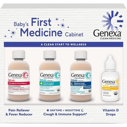 Genexa Baby’s First Medicine Cabinet, 4-Pack Gift Set – Infant Pain Relief & Fever Reducer, Organic Baby Cough Syrup and Vitamin D 400 IU, Dye-Free Baby Health Essentials for Infants & Toddlers