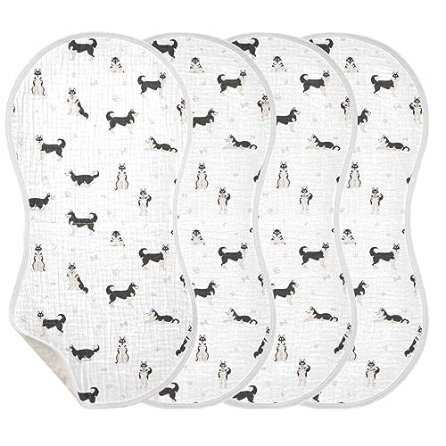 KICPOAY Muslin Baby Burp Cloths, Cute Dogs Siberian Husky Muslin Washcloths Baby Rags Comfy Soft Absorbent in for Newborn Boys and Girls 4 Piece 22 x 11 Inch