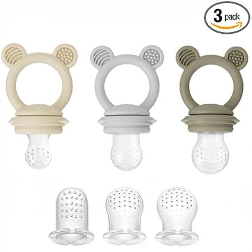 PandaEar 3 Pack Baby Fruit & Food Feeder Pacifier, Silicone Feeder Pacifier with 3 Sizes Pouches for Babies Toddlers Infants Kids, BPA-Free Food Grade Soft Safe (Tan/Grey/Brown)