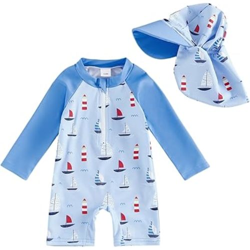 Toddler Baby Boy Sailboat Swimsuit Set Sailboat Print Long Sleeve Round Neck Rash Guard Swimwear and Sun Hat