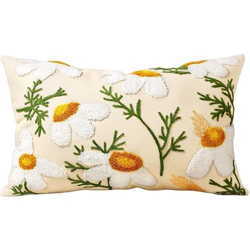 Embroidered Lumbar Pillow Covers - 20x12 Decorative Pillow Covers with Zipper Aesthetic Cute Design Boho Summer Cozy Throw Pillowcases for Living Room Couch Sofa Bed, Daisy