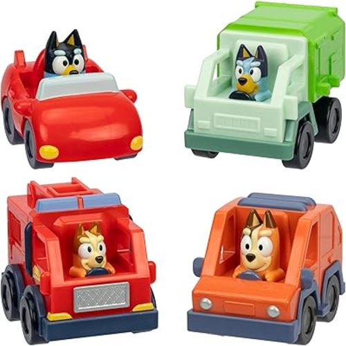 Bluey Vehicle Set – 4-Pack Includes Garbage Truck, Convertible, Family Car & Firetruck, Official Toys for Kids Ages 3+