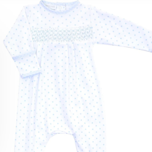 Magnolia Baby Boy Gingham Dots Smocked Footie in Light Blue