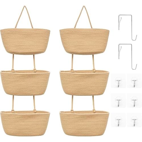 3-Tier Over the Door Hanging Basket (Set of 2) Adjustable, Detachable Woven Storage Baskets with Wall and Door Hooks - Decorative Boho Organizer for Nursery, Playroom, Bedroom, Kitchen, Apartment