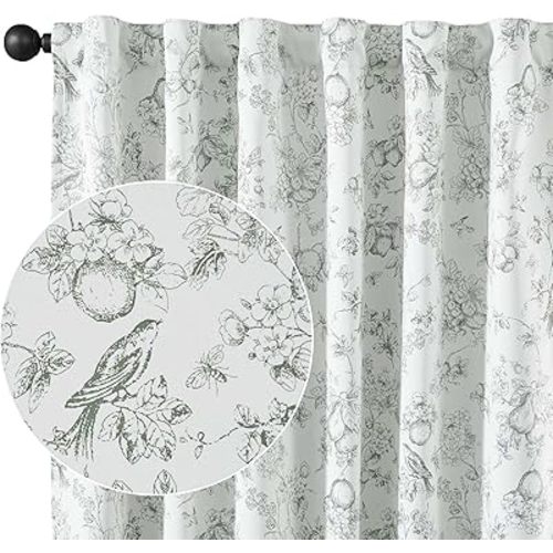 Vangao Sage Green 100% Blackout Curtains for Bedroom 63 Inch Length, Country Flower Floral Curtains for Living Room Toile Cottagecore Thermal Insulated Window Drapes 2 Panels Green and White