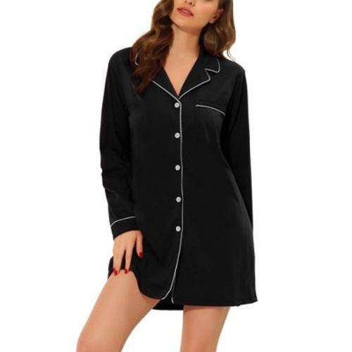 cheibear Women's Casual Long Sleeve Notched Lapel Button Down Lounge Nightshirt
